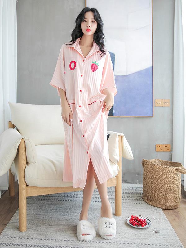 Strawberry Print Striped Ice Silk Loose Pajamas