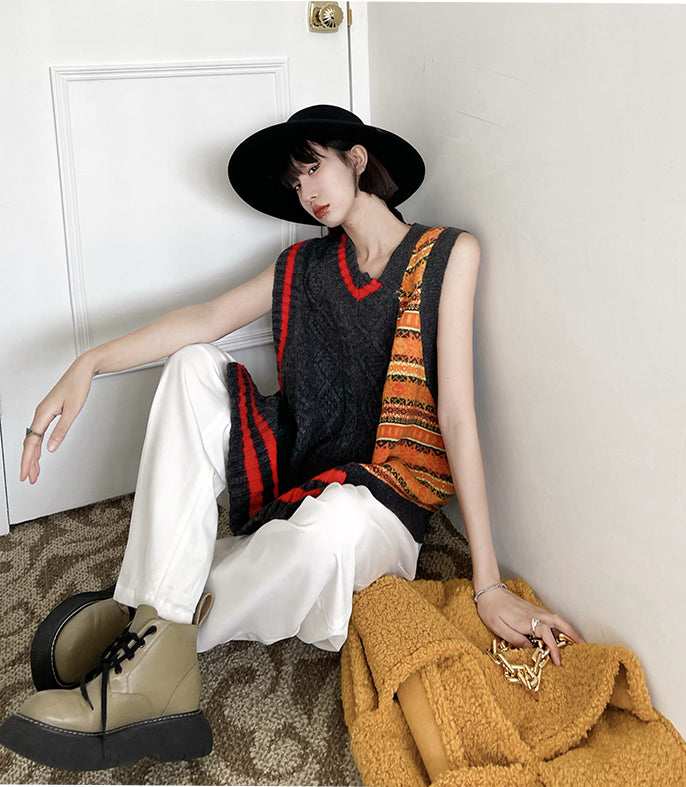 Irregular Contrast Color V-Neck Design Knitted Vest