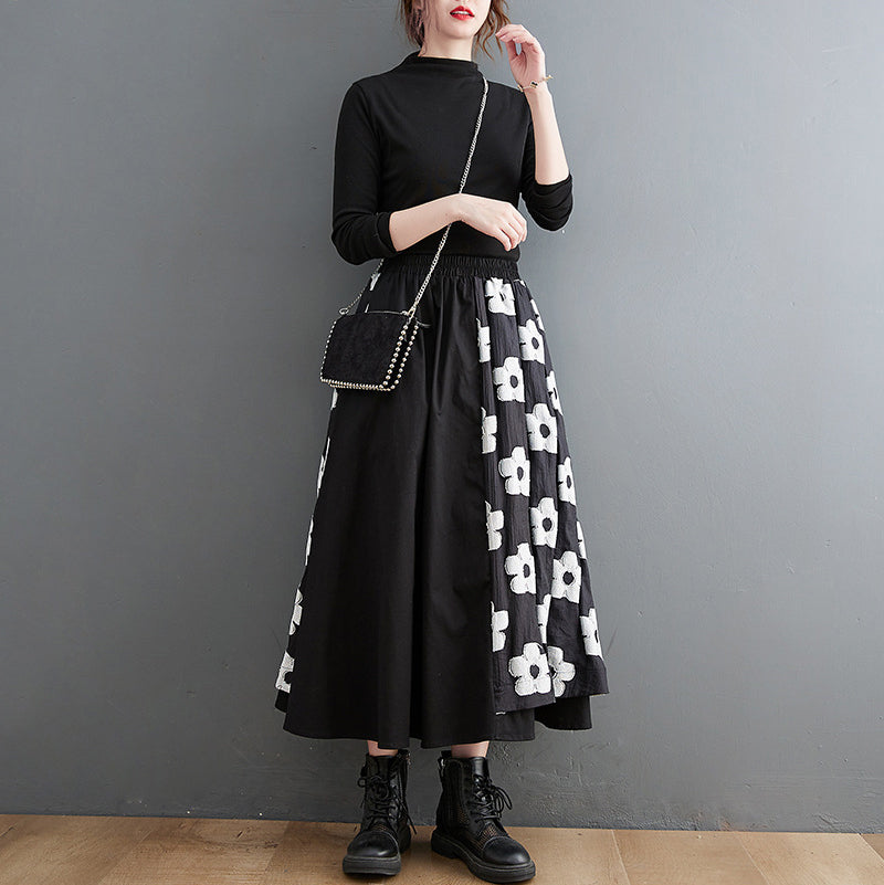 Embroidery Splicing Elastic High Waist A-Line Skirt