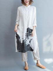 White Linen Lapel Loose Blouse Long Dress