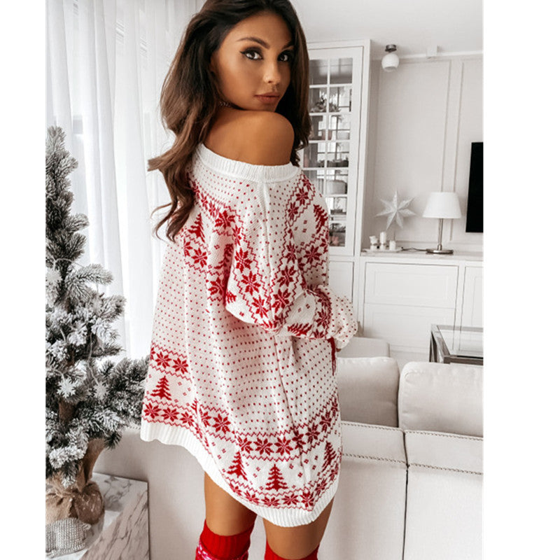 Christmas Jacquard Loose Knitted Long Sleeve Mini Dress