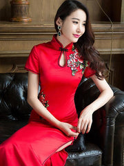 Red Embroidered Long Cheongsam Dress