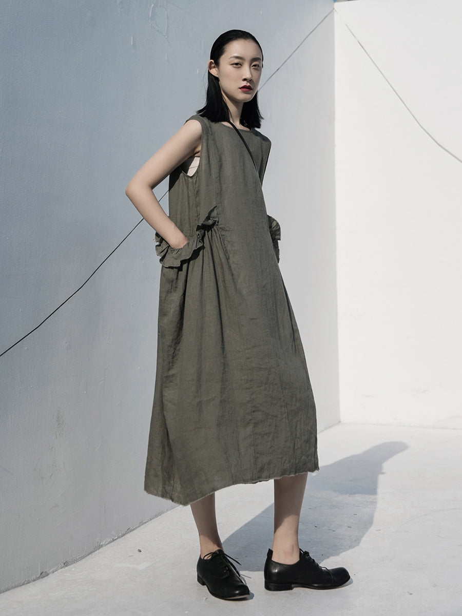 Round Neck Solid Color Mori Linen Midi Dress