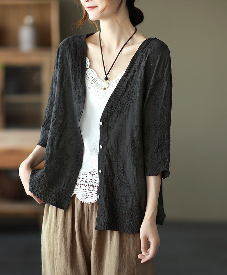 Fresh Literary Embroidery Cardigan V-Neck Loose Top