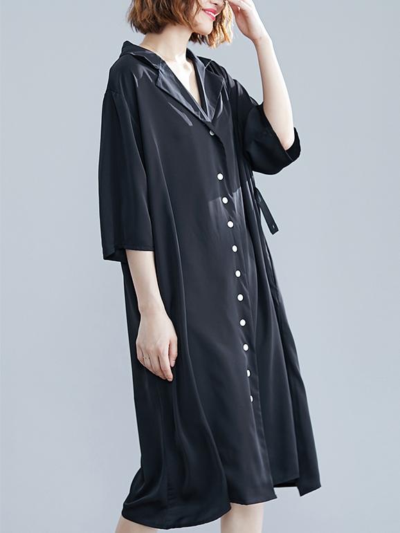 Green&Black Loose Lapel Half Sleeves Dress