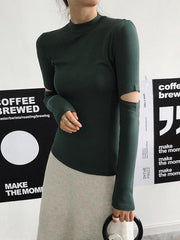 Holey Sleeve Solid Color Blouses