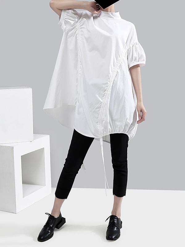 Loose Drawstring Lace-Up Short Sleeve Stand Collar Shirt