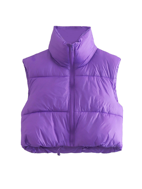 Skinny Sleeveless Solid Color Zipper Stand Collar Padded Vest Vest Top