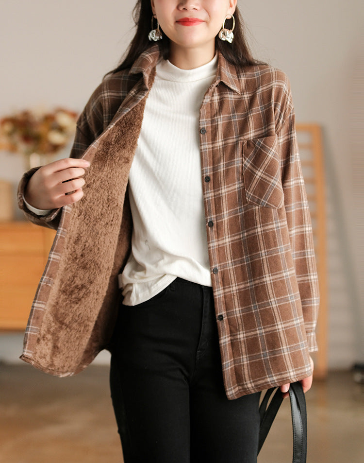 Retro Plaid Thicken Lapel Collar Shirt