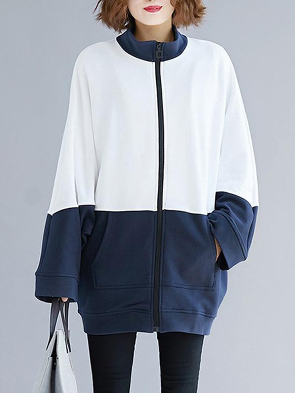 Contrast Color Bat Sleeve Zipper Outwear