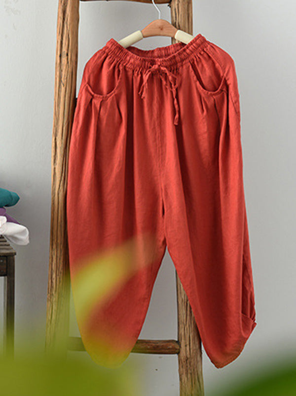 Artistic Retro Drawstring Elasticity Solid Pants