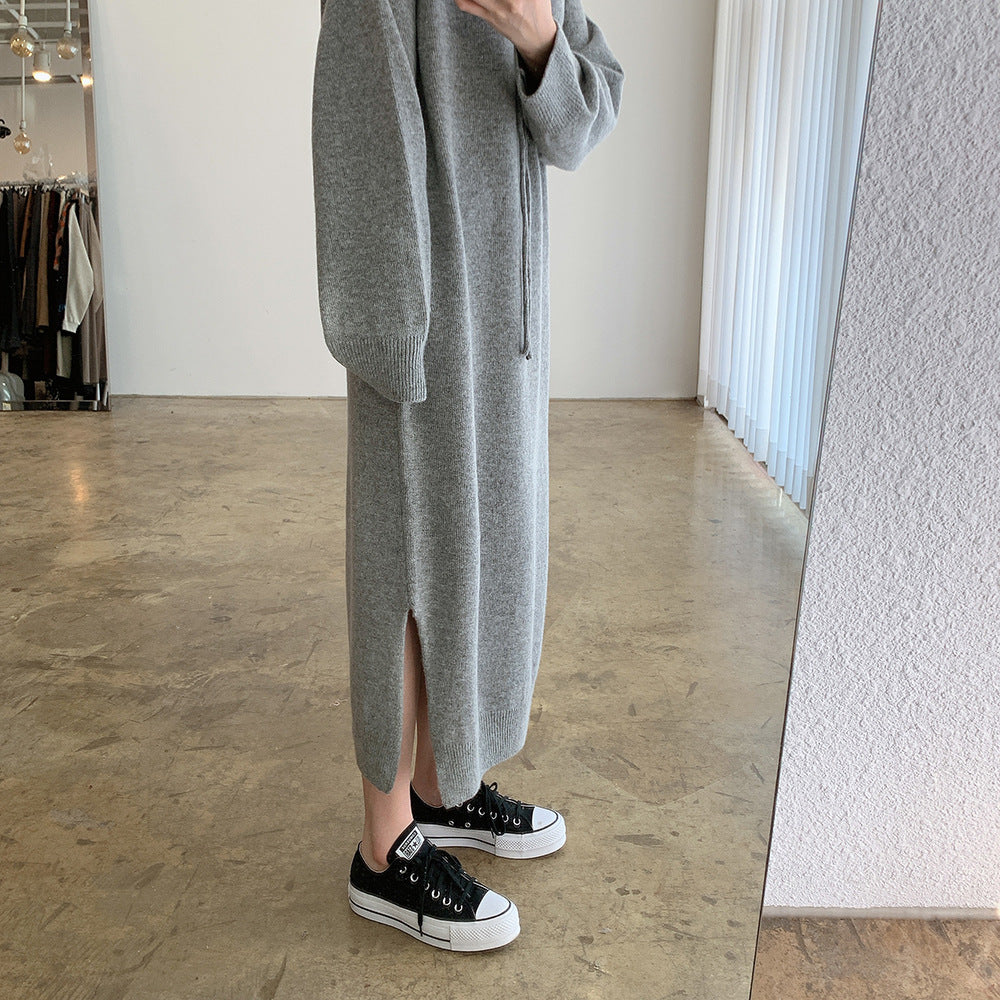 Loose Solid Knitted Split Hooded Midi Dress