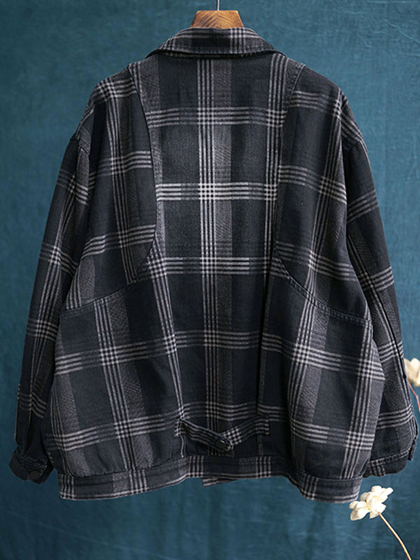 Vintage Loose Plaid Denim Short Coat