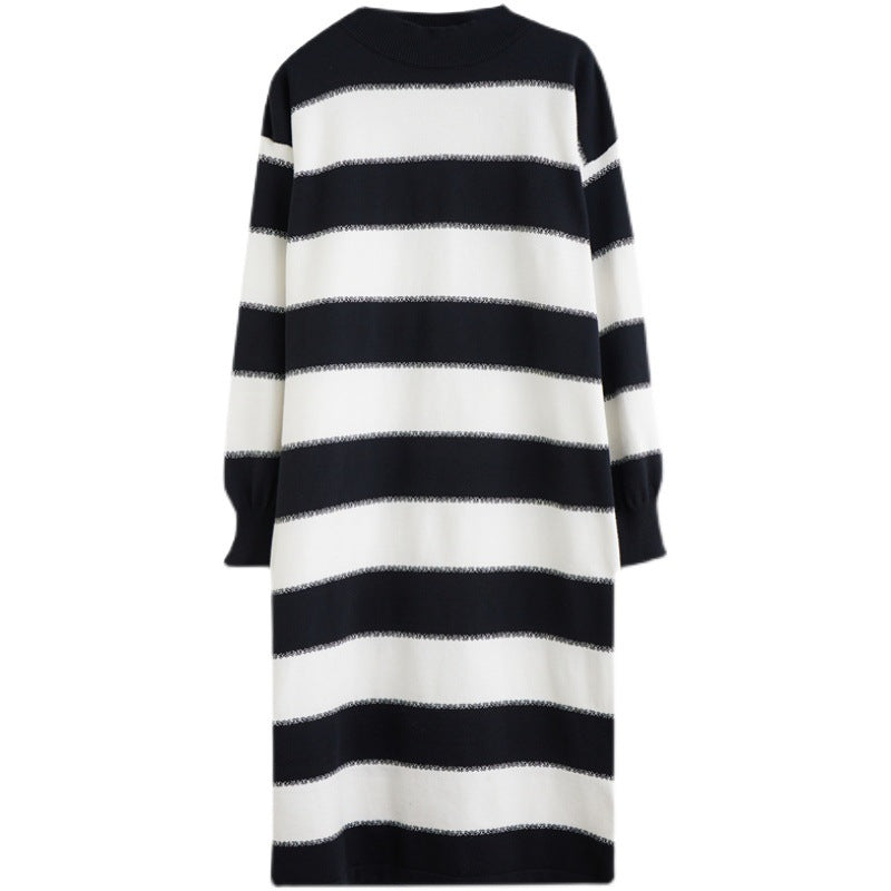 Loose High Neck Wide Striped Knitted Sweater Dress
