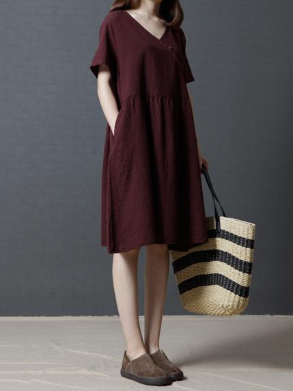 Plaid Loose Ramie Cotton Linen Long Dress