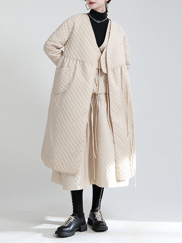 Simple Diamond Lattice Loose Lace-Up Coat