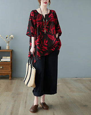 Retro Printed Loose Mid-Length Shirt Top