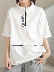 Casual Loose Letter Printed Zipper Stand Collar T-Shirt