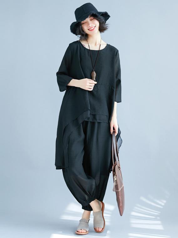 Black Loose Comfortable Cotton Suits