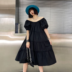 Puff Sleeves Solid Summer Short Sleeves Midi Dress