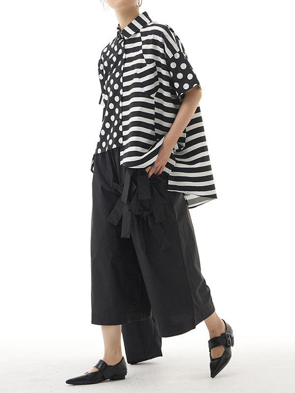 Irregular Clipping Roomy Polka-Dot Split-Joint Striped Lapel Shirts Tops