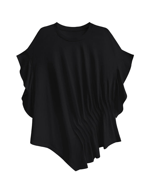 Irregular Clipping Roomy Pleated Pure Color Split-Joint Round-Neck T-Shirts