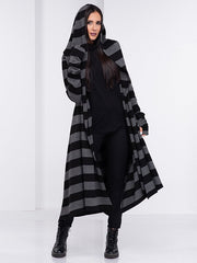 Women Striped Hooded Loose Casual Coat