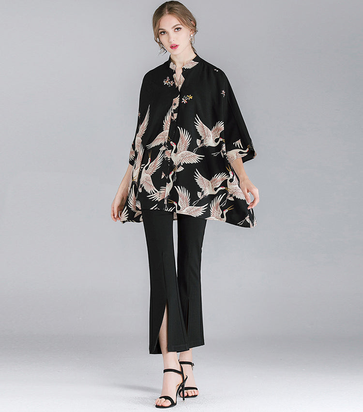 Crane Print Loose Oversized Shirt