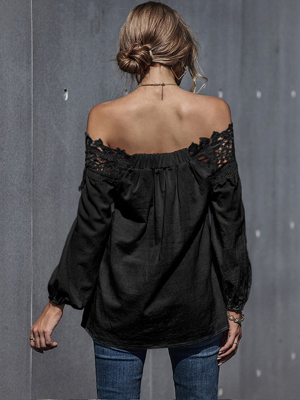 Lace Stitching One Shoulder Puff Sleeve T-Shirt