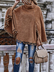 Women Solid Color High Neck Fringed Long Sleeve Coat