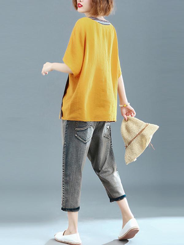 Loose Linen Frog V-neck T-shirt