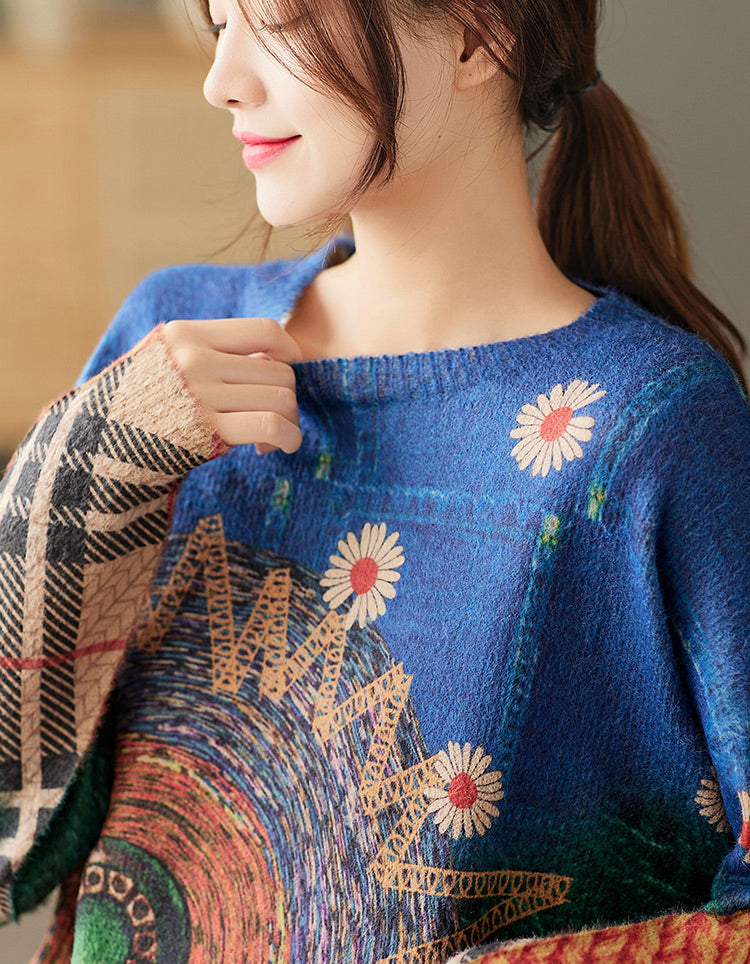 Retro Contrast Color Print Knit Round Neck Sweater