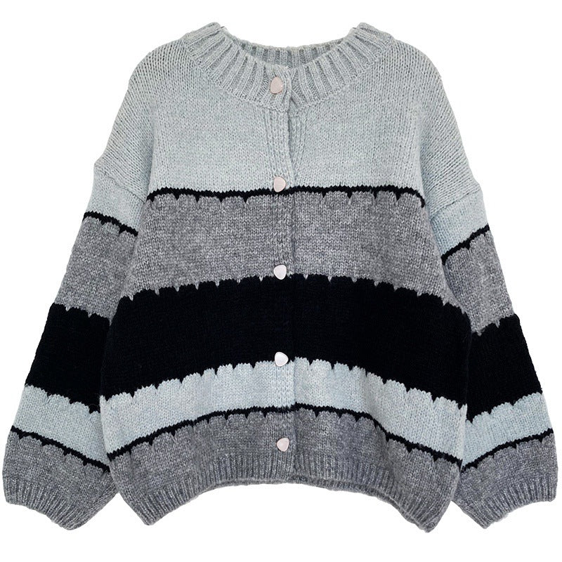 Color Block Round Neck Knitted Sweater Coat