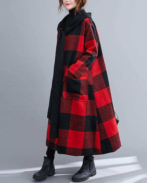 Hooded Thick Woolen Plaid Loose Long Coat