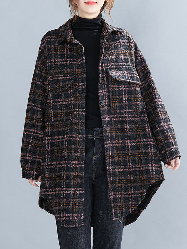 Large Size Loose Mid-Length Plaid Thick Woolen Coat