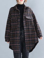 Large Size Loose Mid-Length Plaid Thick Woolen Coat