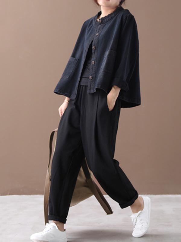 Loose Solid Split-joint Lace Denim Outwears