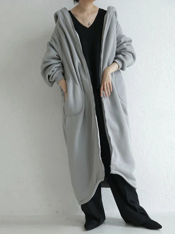 Urban Hooded Solid Color Zipper Batwing Sleeve Long Outerwear