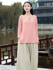 Round-neck Linen Cotton Long Sleeves Tops