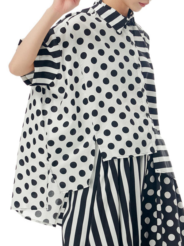 Irregular Clipping Roomy Polka-Dot Split-Joint Striped Lapel Shirts Tops