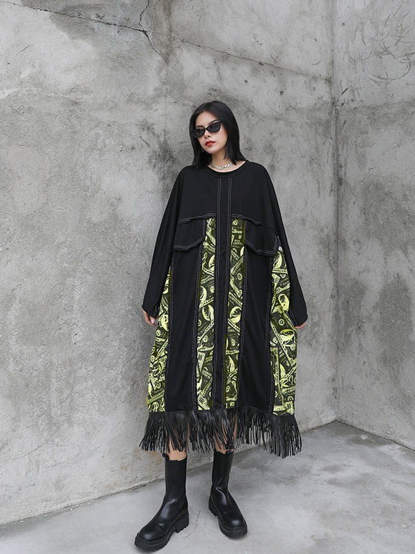 Women Stitching Fringed Bat Sleeve Dress