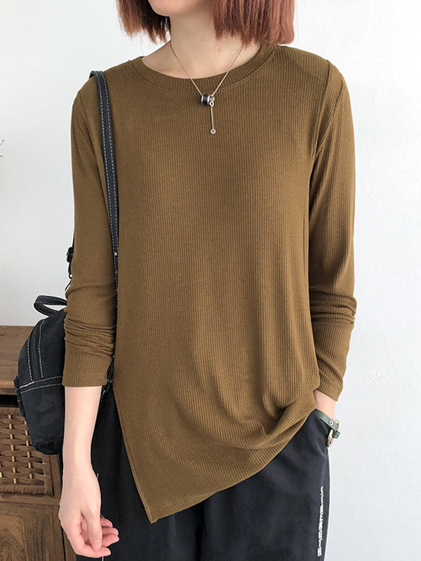 Solid Color Loose Top Slit T-Shirt