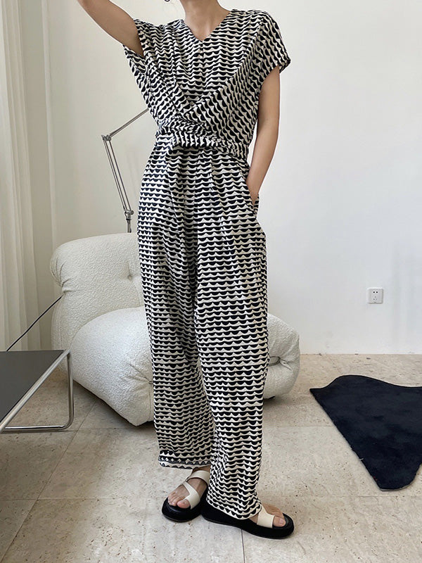 Summer Printed Simple V-Neck Loose Jumpsuit