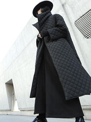 Black Rhombic Split-Side High Collar Long Coat