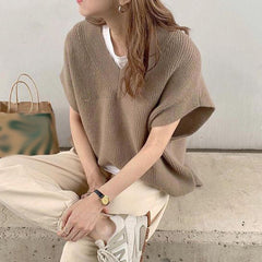 Loose Solid Color Knitted V-Neck Wasitcoat