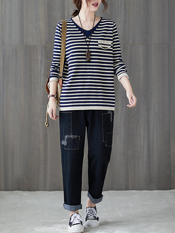 Women V-Neck Casual Striped Knitted Sweater