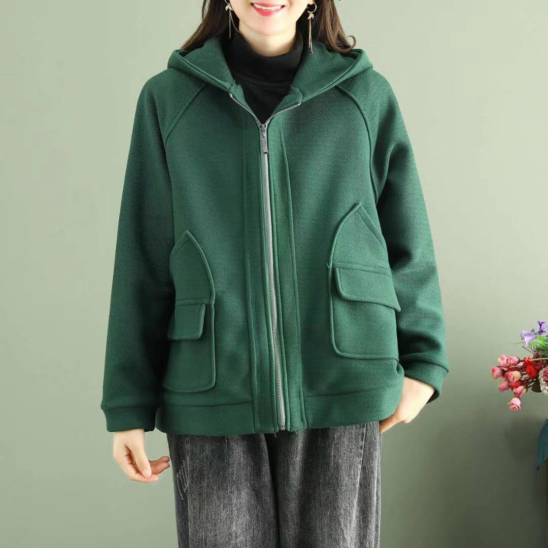 Women Retro Loose Hooded Coat