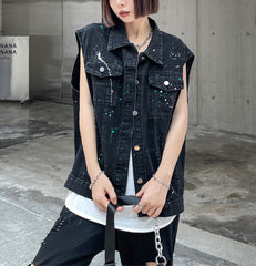 Denim Paint Dot Print Sleeveless Waistcoat