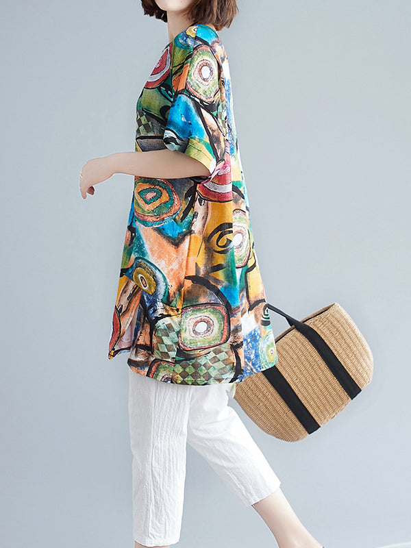 Vintage Round Neck Short Sleeve Printed Loose T-Shirt