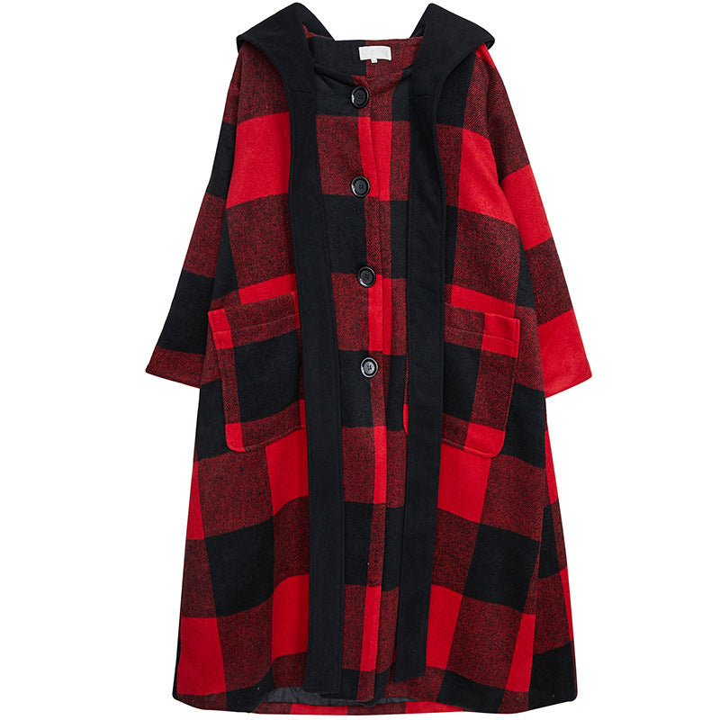 Hooded Thick Woolen Plaid Loose Long Coat